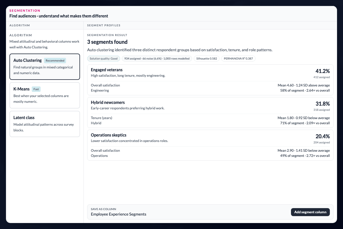 AddMaple Create Clusters flow showing algorithm choice and cluster settings