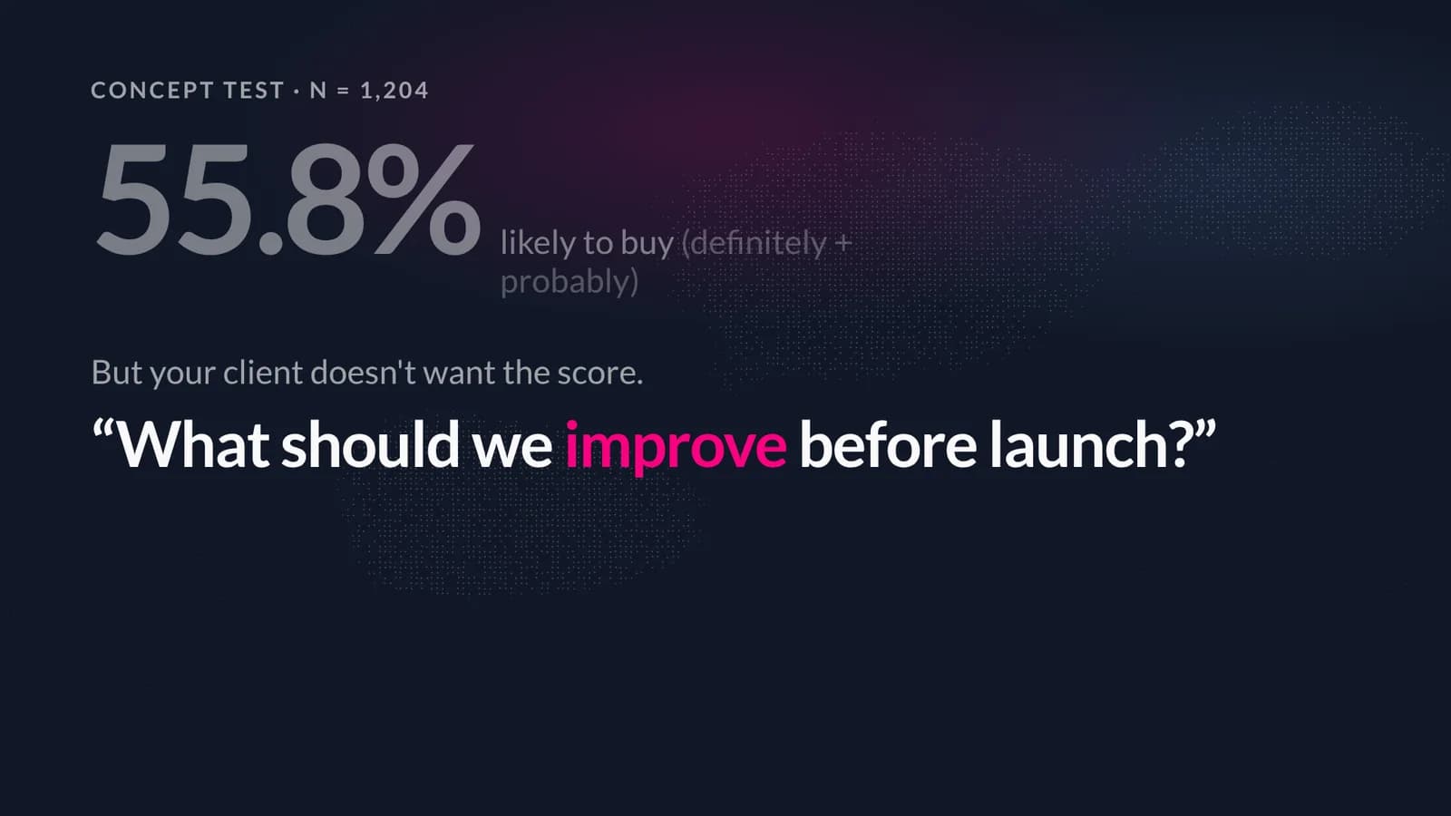 The brief: 55.8% likely to buy (definitely + probably), and the client’s question — what should we improve before launch?