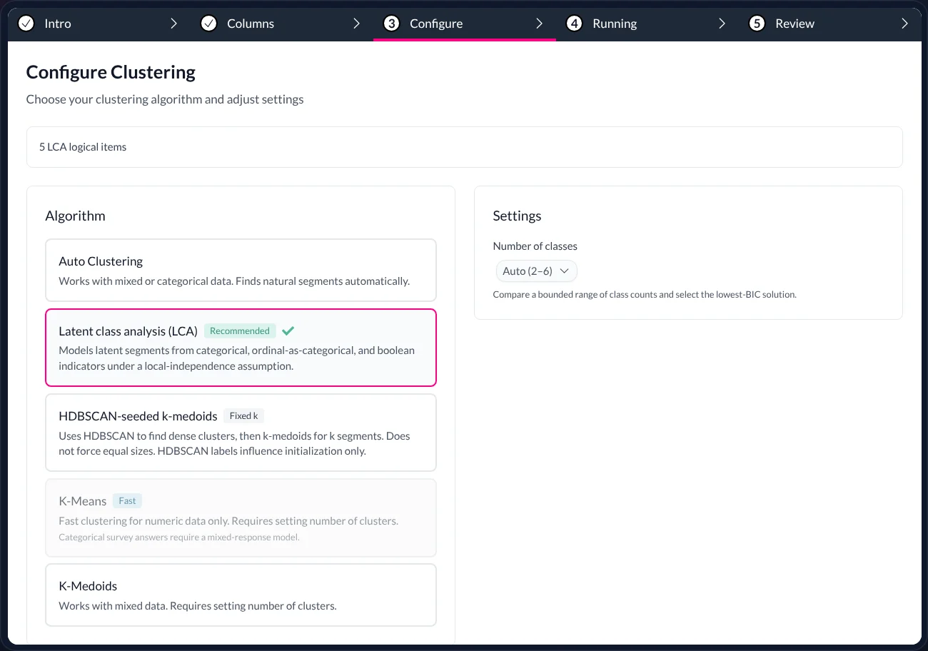 Configure clustering: Latent class analysis recommended for mixed data