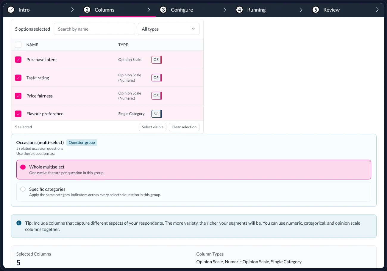 Select columns to analyse, each with its type: Likert scale, numeric, category, multi-select