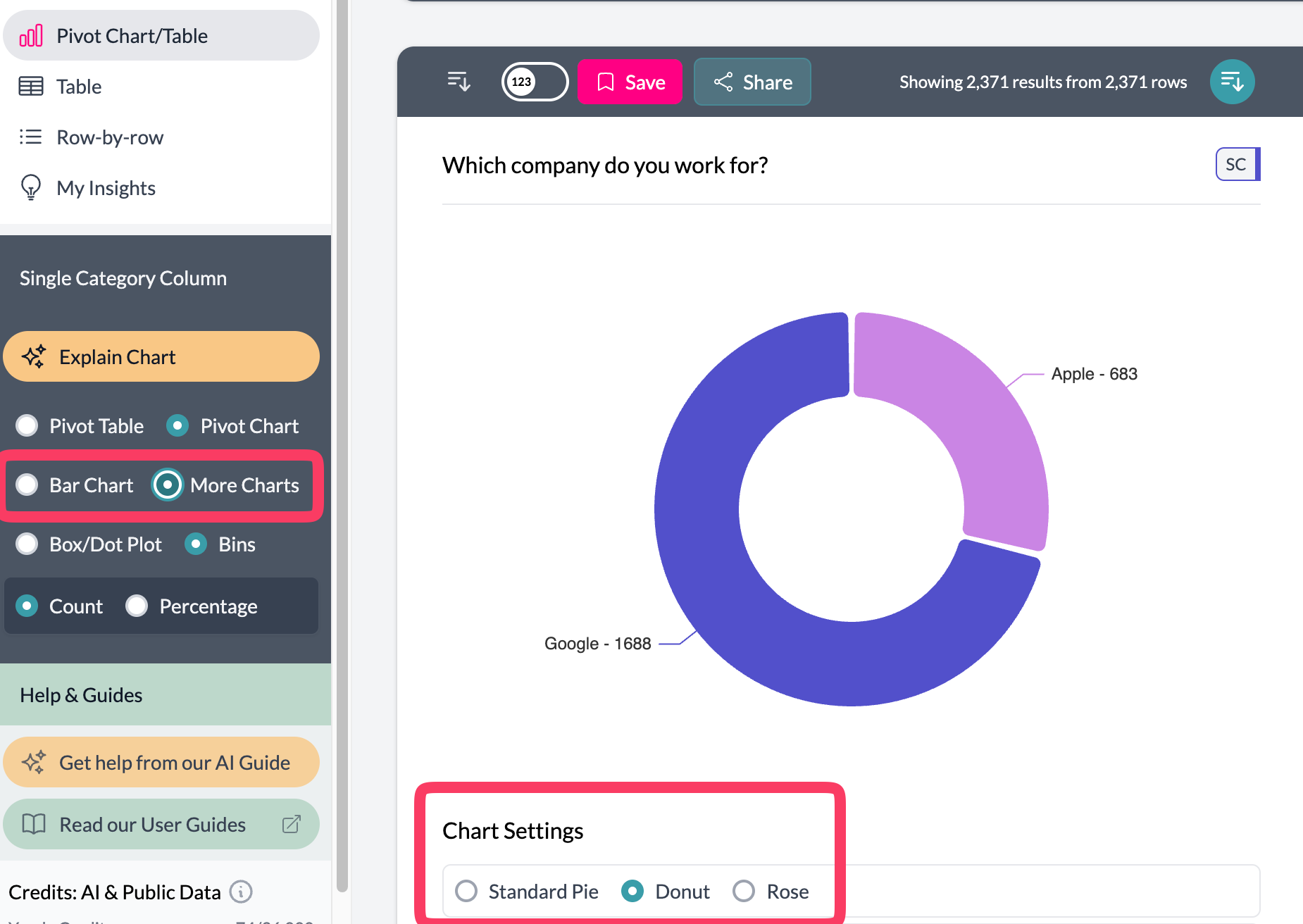Choose donut from More Charts