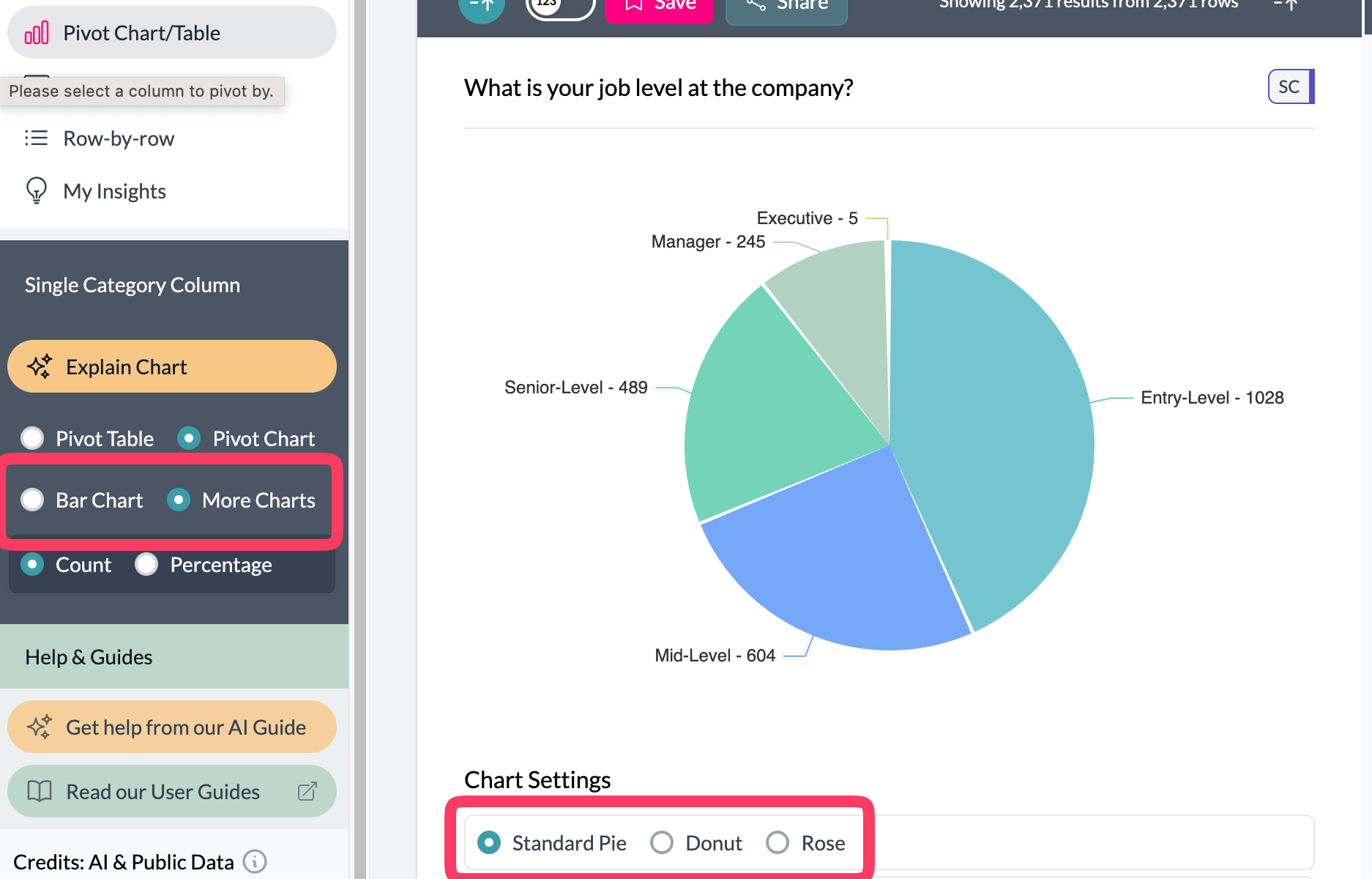 Choose pie from More Charts