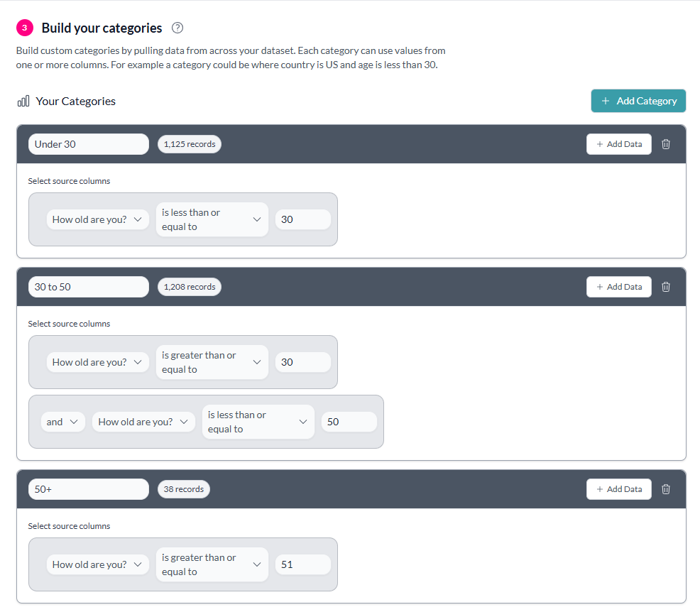 Build custom categories using data rules from one or more columns.