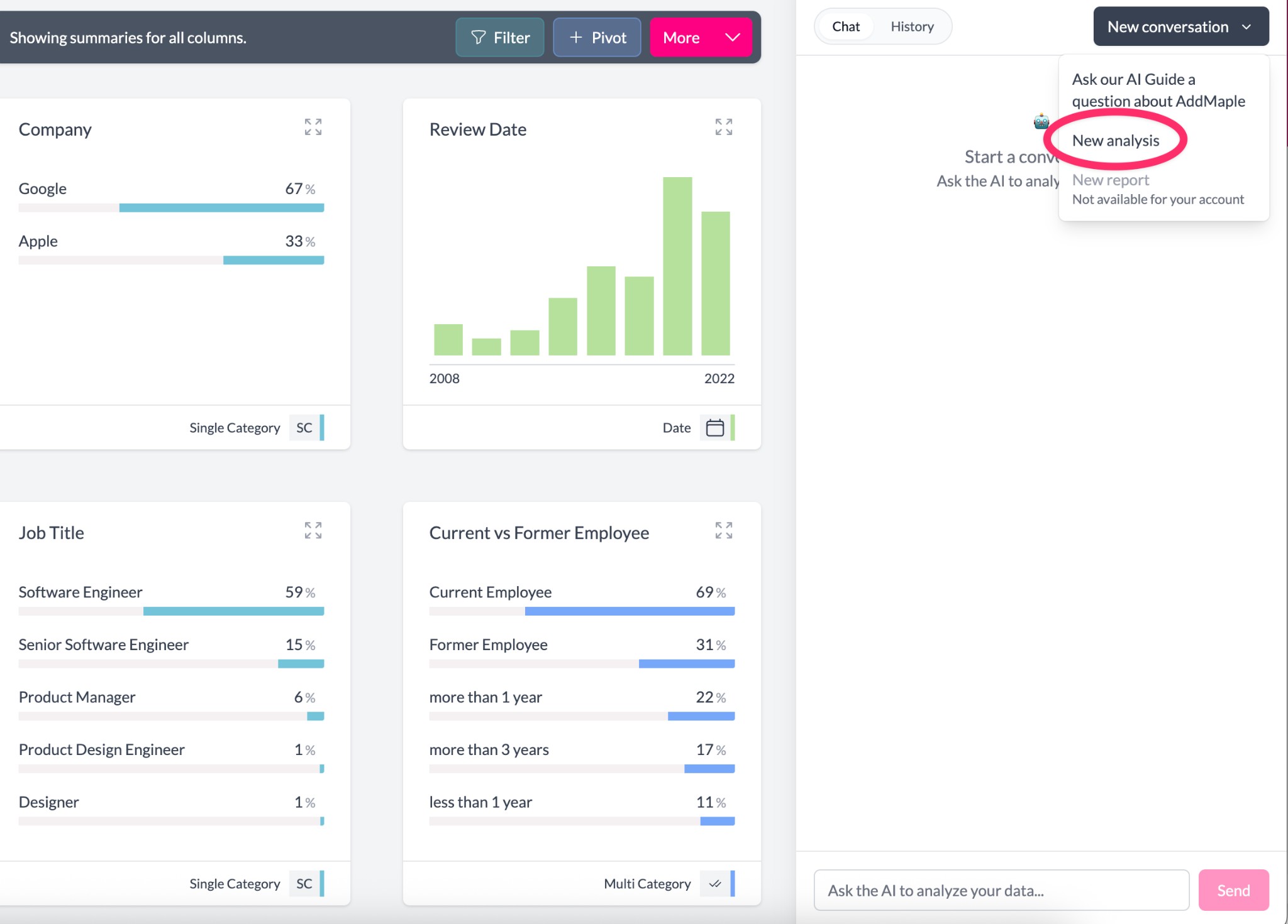 Click New conversation and select New analysis to start an analysis chat.
